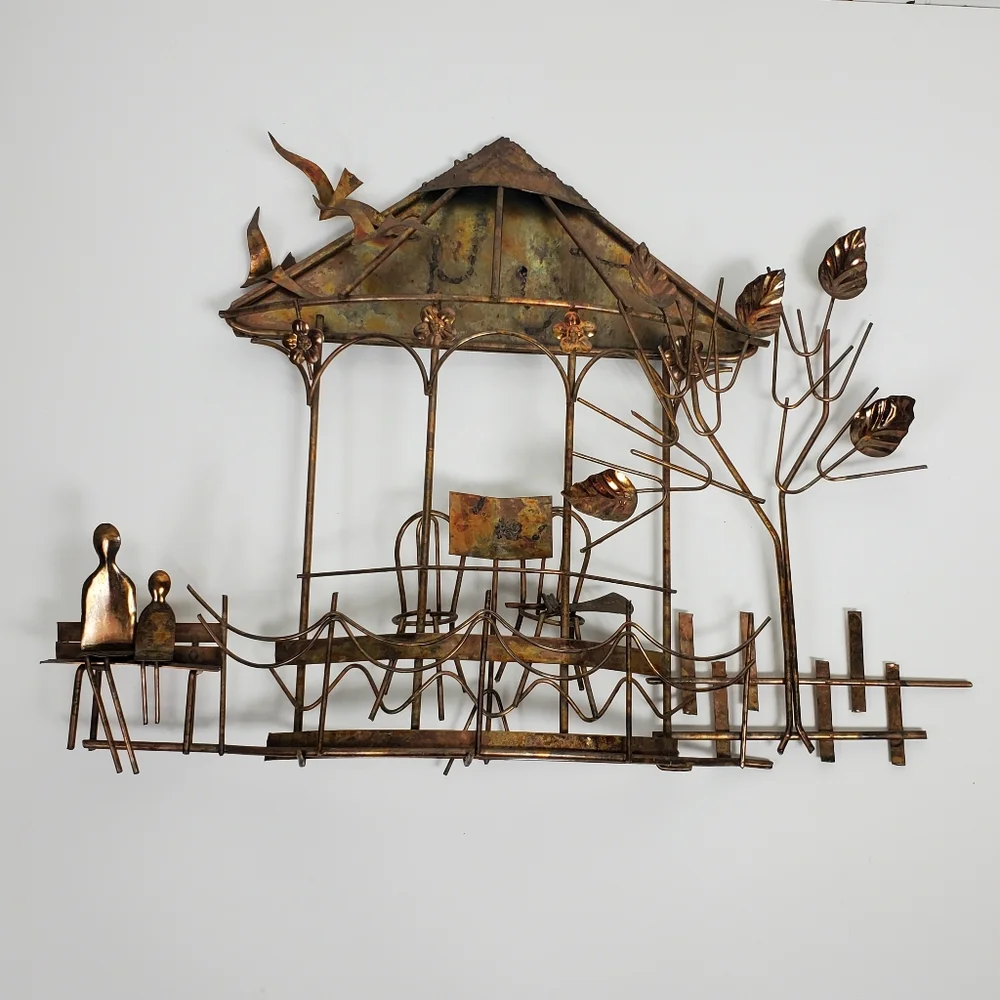 Vintage Emesco 3D copper wall art gazebo, park bench, trees, and flowers - Picture 5 of 12